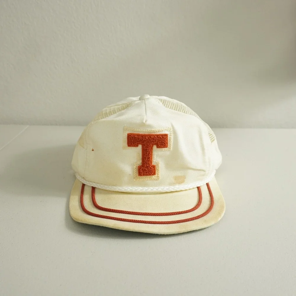 Pro Line Trucker Hat Mens OSFA White Orange Vintage Chenille T Patch Rope Detail